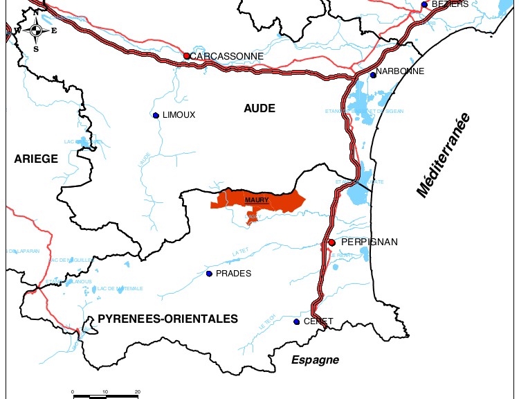 Carte AOC Maury, terroir et climat de l'appellation Maury